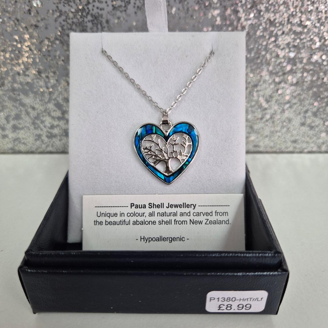 Byzantium Paua Shell Heart Framed Tree of Life Necklace, Rhodium Plated P1380-HrTrLf