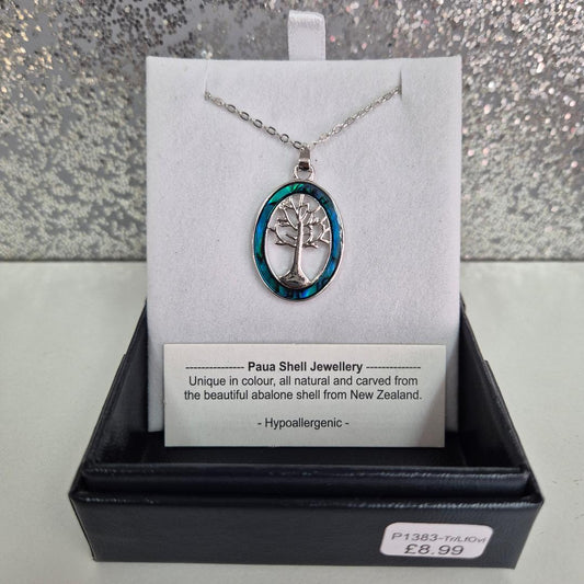Byzantium Paua Shell Oval Framed Tree of Life Necklace, Rhodium Plated P1383-Tr/LfOvl