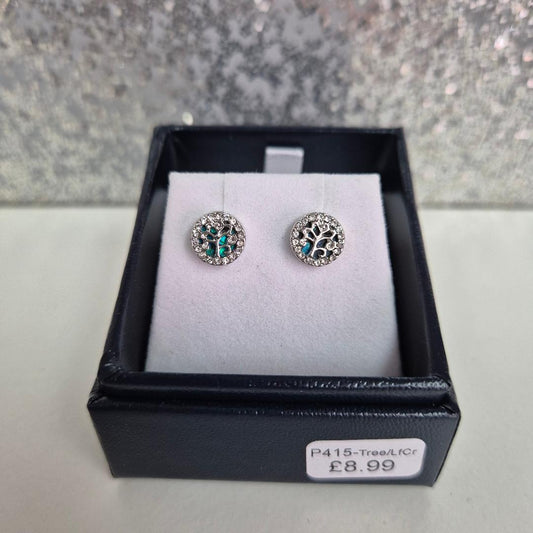 Byzantium Paua Shell Tree of Life Round Stud Earrings with Crystal Inlay, 12mm in size, rhodium plated P415-Tree/LfCr
