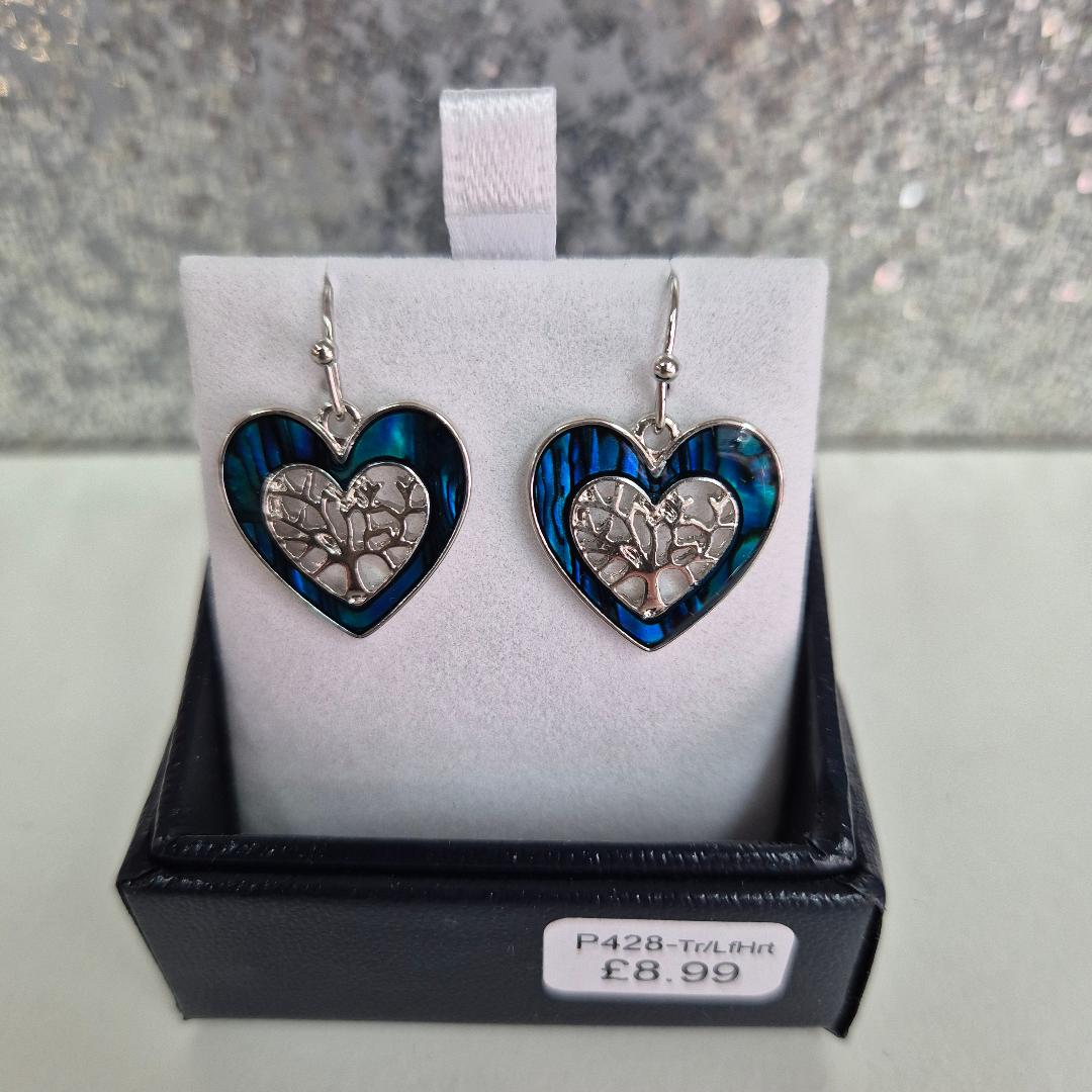 Byzantium Paua Shell Heart Framed Tree of Life Drop Earrings, Rhodium Plated P428-Tr/LfHrt