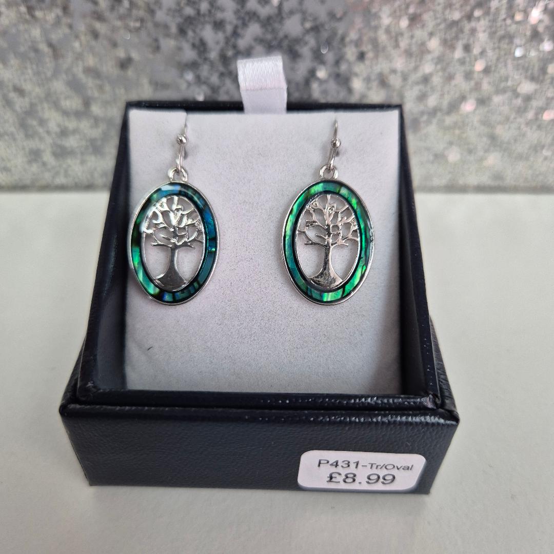 Byzantium Paua Shell Oval Framed Tree of Life Drop Earrings, Rhodium Plated P431-Tr/Oval