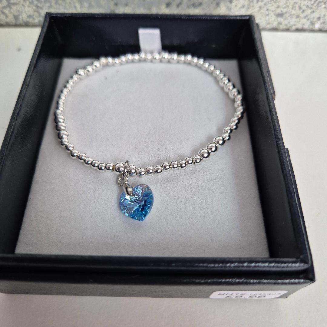 Byzantium Charm Bracelet with Crystal Heart Charm in Aquamarine Blue, Rhodium Plated BR16-HrtAqua