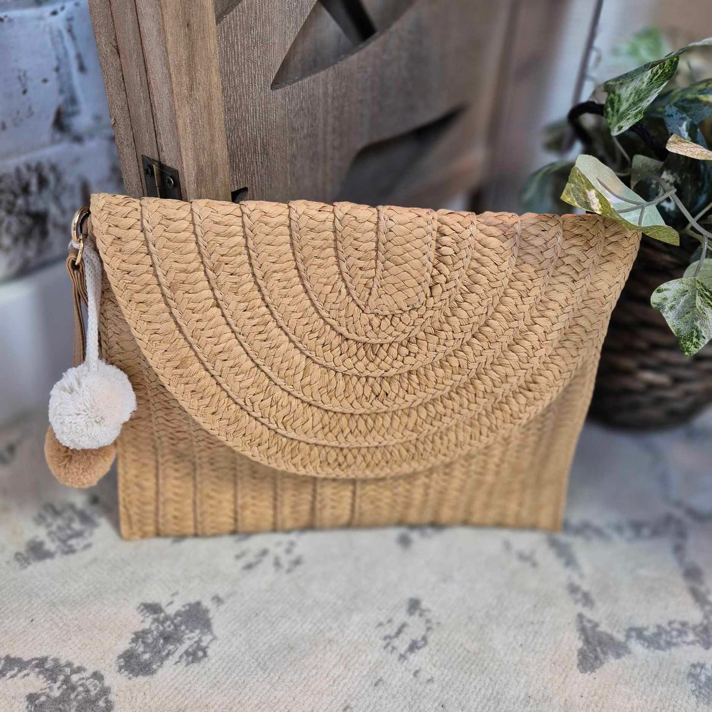 Beige PomPom Summer Shoulder/Wrist Strap Bag