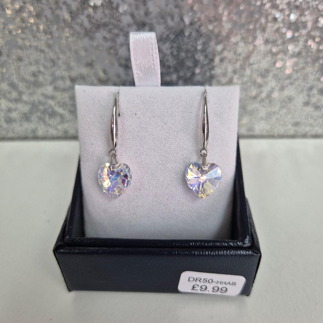 Byzantium Austrian Crystal Sparkly Heart Drop Earrings in Reflective Aurora Borealis DR50-HrtAB