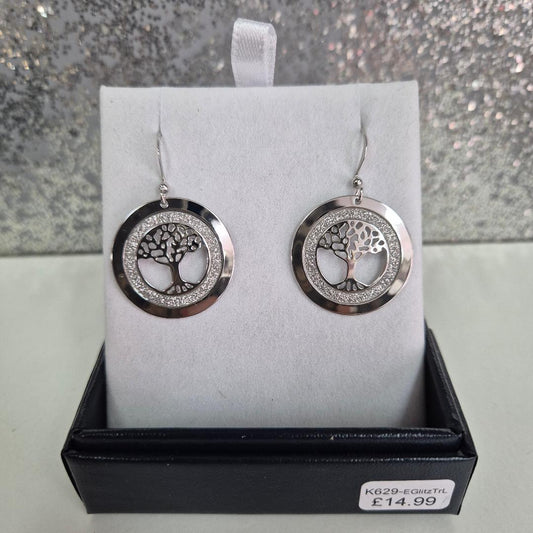 Byzantium Circular Framed Glitzy Tree of Life Drop Earrings, Silver Coloured, Rhodium Plate K629- EGlitzTrL