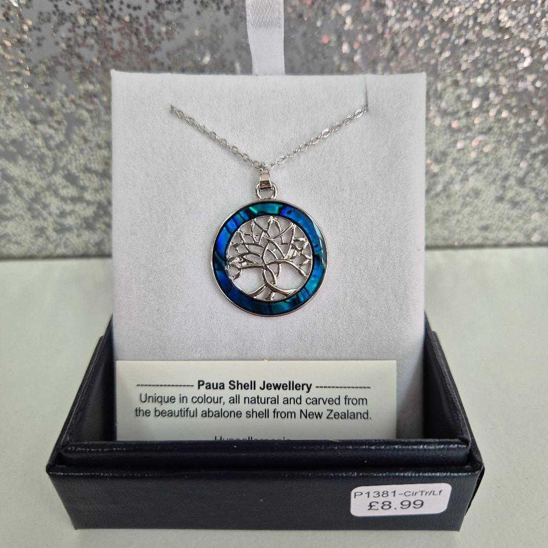 Byzantium Natural Paua Shell Circular Framed Tree of Life Necklace, Rhodium Plated P1381-CirTr/Lf