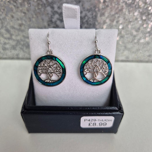 Byzantium Paua Shell Circle with Tree of Life Drop Earrings, Rhodium Plated P429-Tr/LfCirc